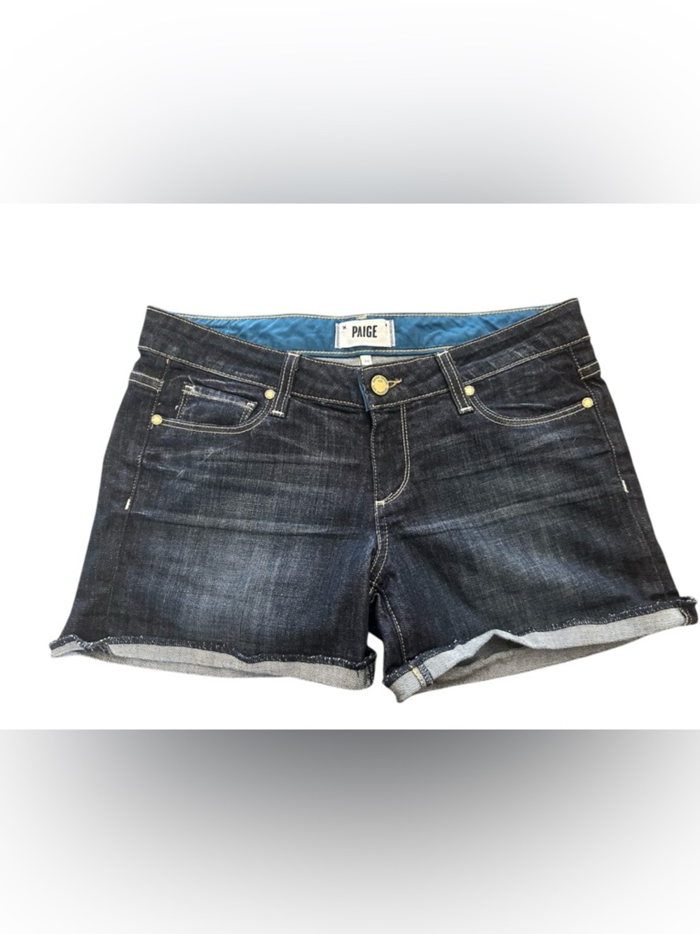 PAIGE Dark Indigo Denim‎ Cutoff Shorts with Blue Waist Lining